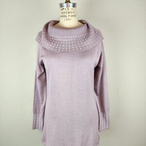 Super Soft Lavender Studded Knit Long Sleeve Cowl Neck Tunic Sweater Size Large